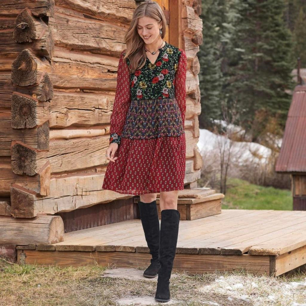 Sundance Patterns of Wonder boho patchwork floral dress long sleeve women medium